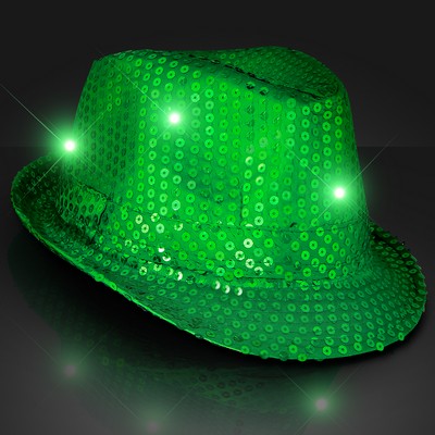 Sequin Green Fedora Hats with Blinking LEDs - BLANK