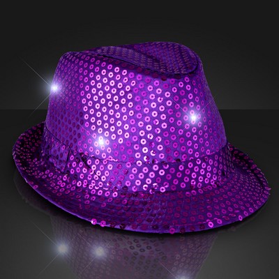 Sequin Purple Fedora Hats with Flashing LEDs - BLANK