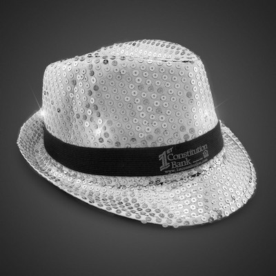 Silver Sequin Light Up Fedora Hat w/Silk Screened Black Band